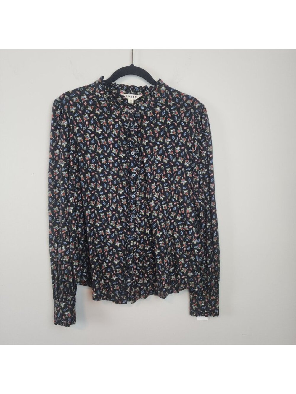 Boden long sleeve blouse  button down ruffle black sz 14 women